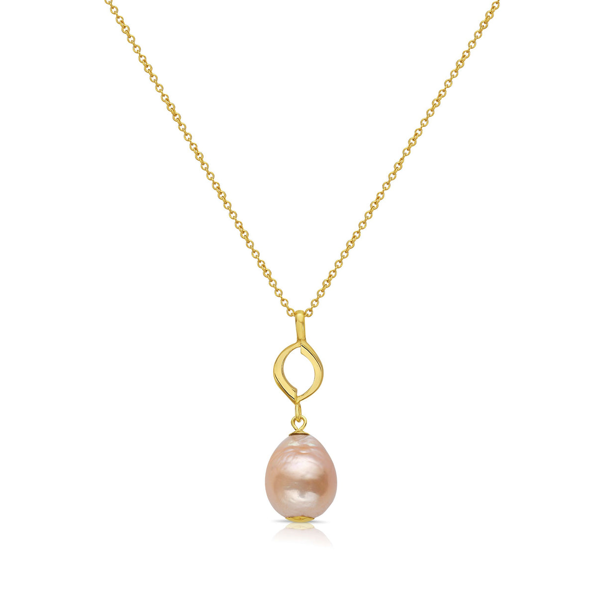 A pink freshwater pearl drop pendant on a gold chain, with a minimalist design.