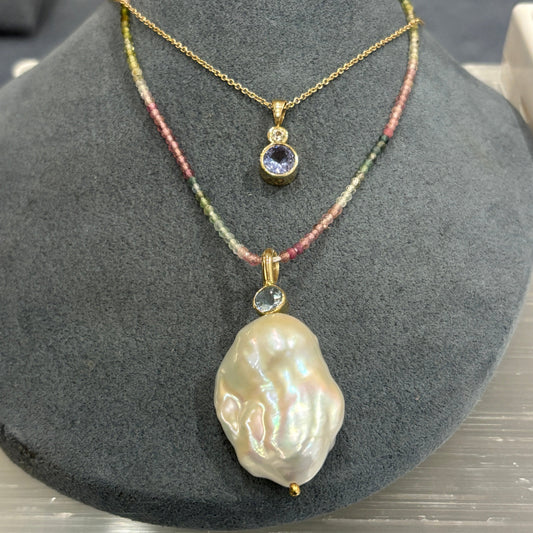 gold pendant with aquamarine and freshwater pearl