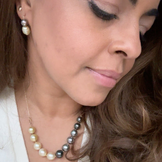 Baroque Golden South Sea & Tahitian Pearls earring hooks in Gold on model | ANAVIR
