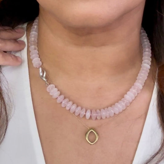 Blush Rose Quartz Rondelle Bead necklace with Flow clasp in Sterling Silver on model 2