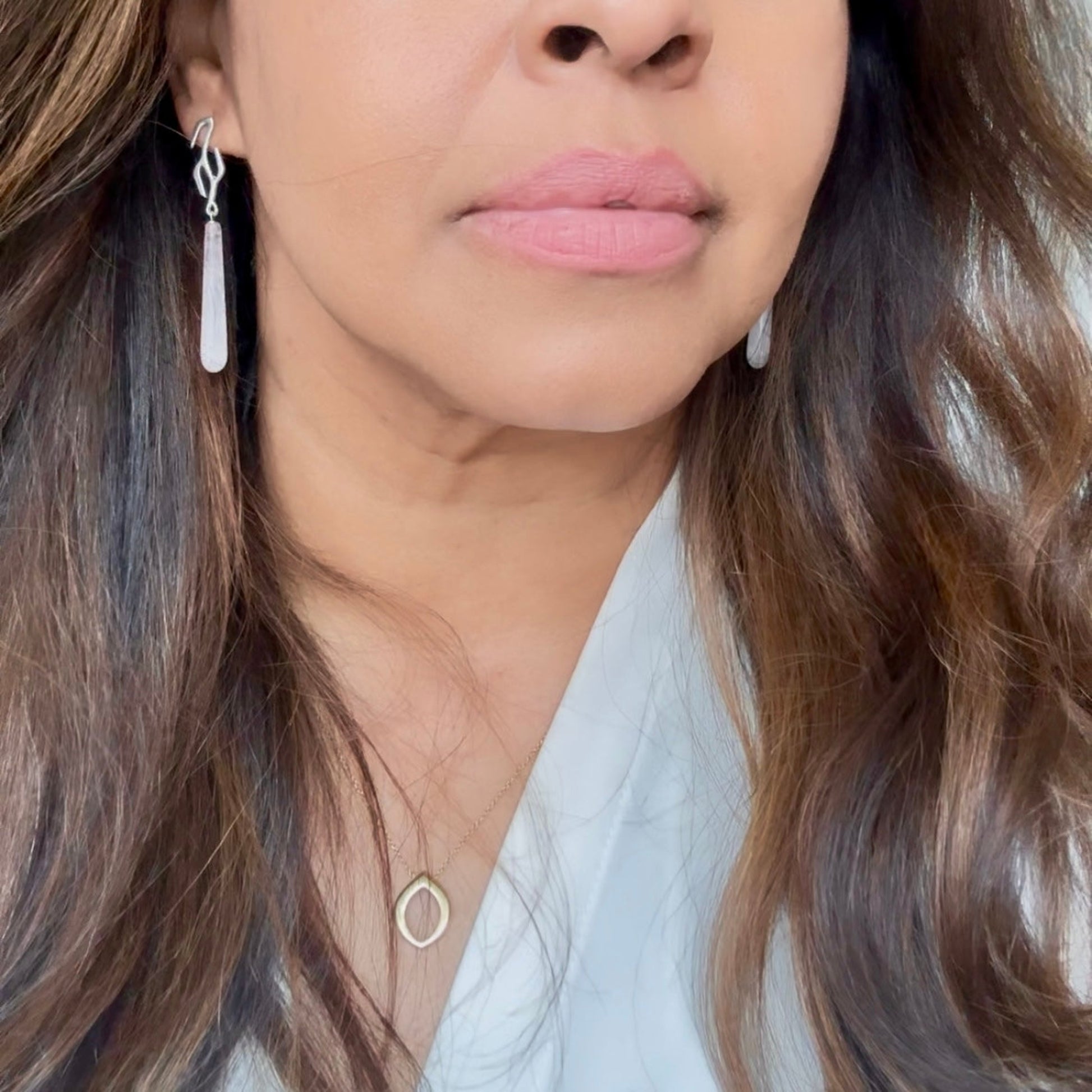 Branch Rose Quartz Drop Earrings in Sterling Silver on model
