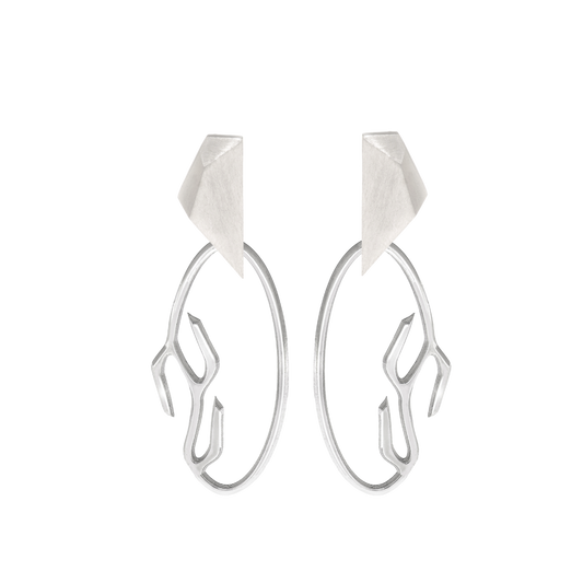 Fyllo Stud Earrings with Oval Branch Drops in Sterling Silver - Statement Earrings