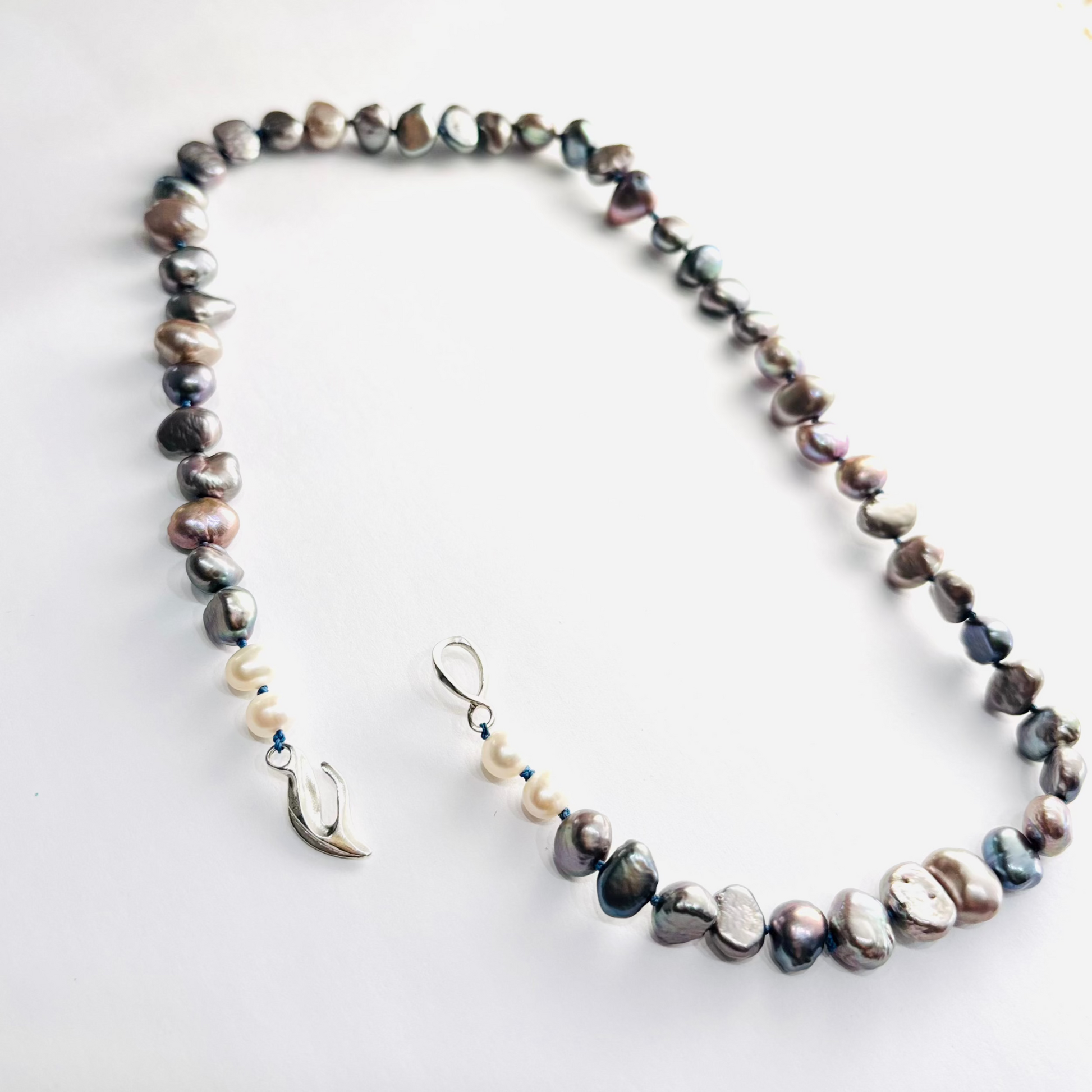 Grey Fresh Water Pearl Necklace with Flow clasp in Sterling Silver