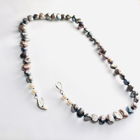 Grey Fresh Water Pearl Necklace with Flow clasp in Sterling Silver
