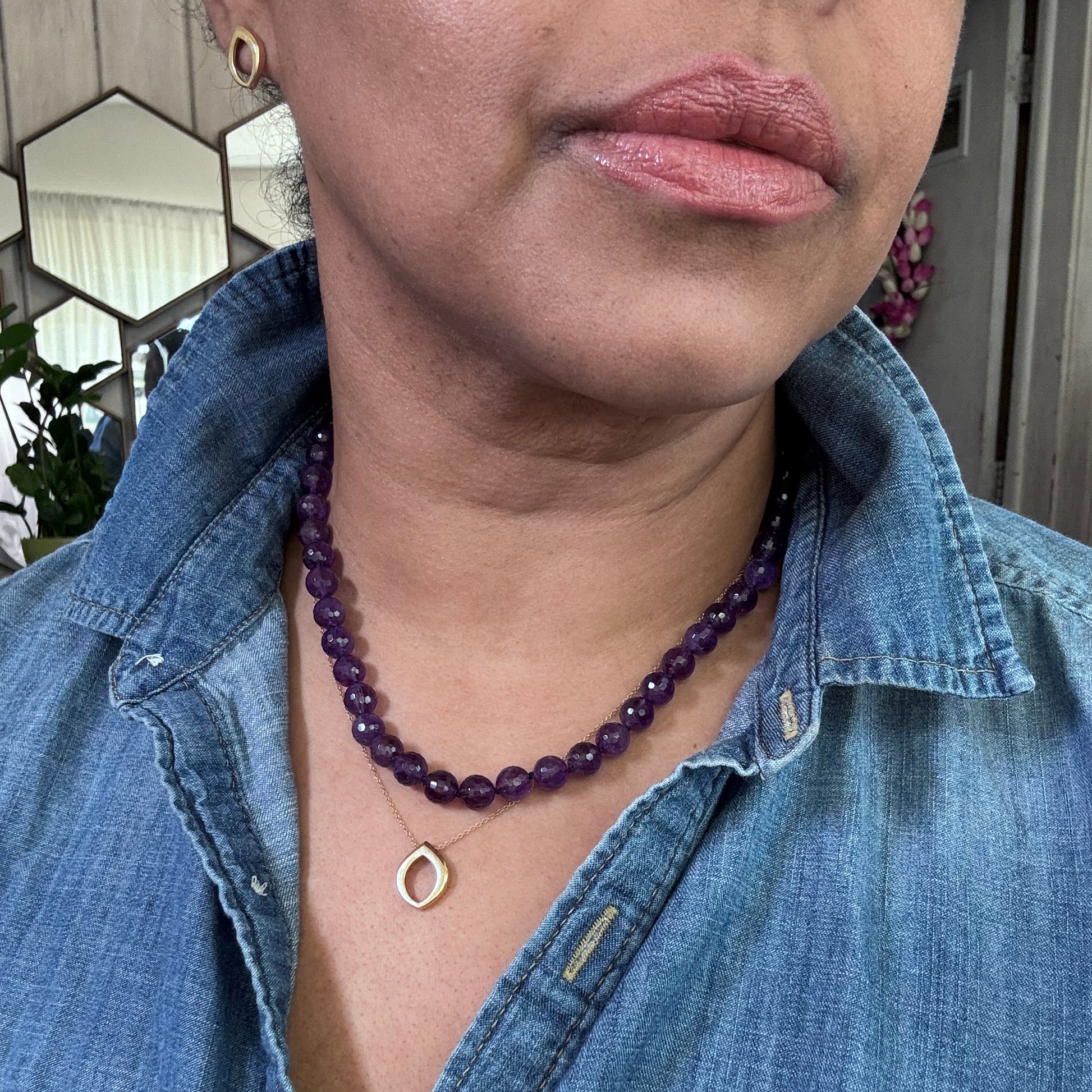 Majestic Amethyst Bead Necklace with Drift Clasp in Sterling Silver on model