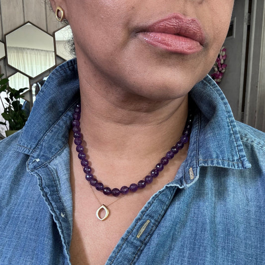 Majestic Amethyst Bead Necklace with Drift Clasp in Sterling Silver on model