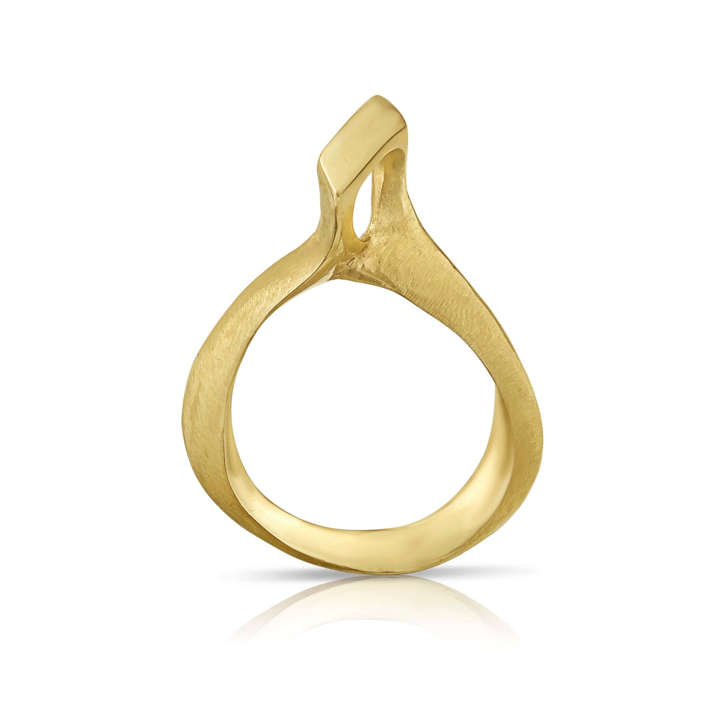 A gold pendant with an abstract design resembling arms reaching out.