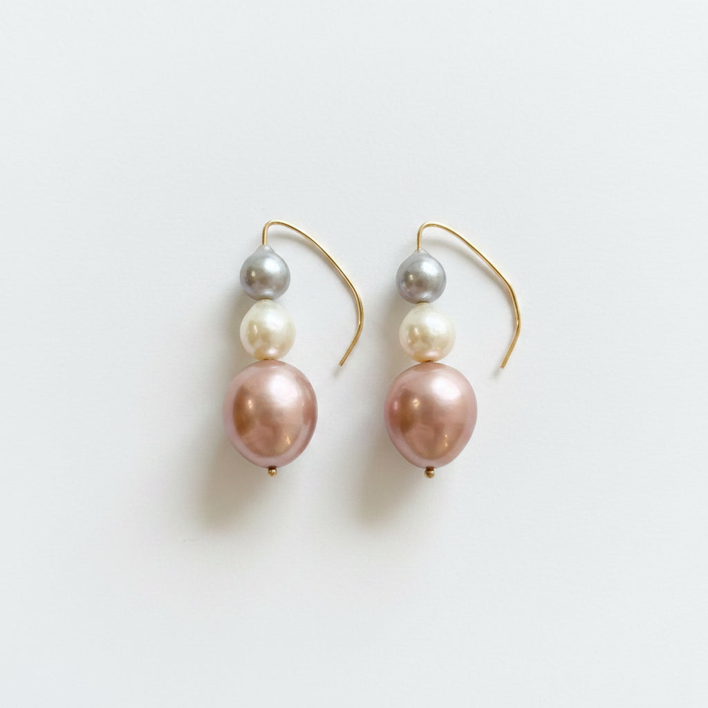 Vena Trio Baroque Earrings with ear wires, Akoya and Fresh Water Pearls in Gold | ANAVIR