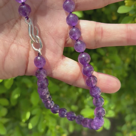 Majestic Amethyst Bead Necklace with Drift Clasp in Sterling Silver on model