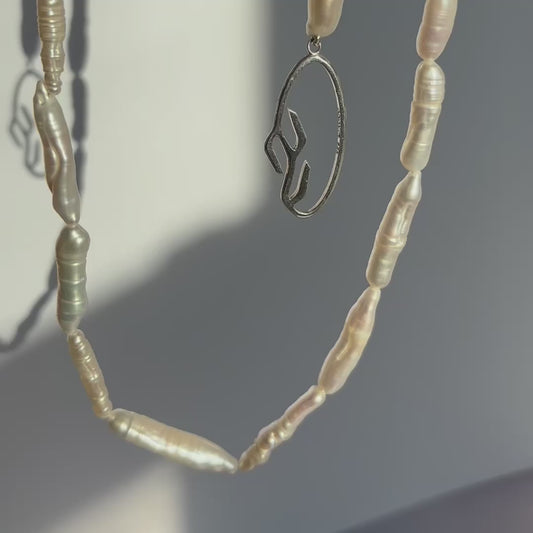 Linear Pearl Necklace with Oval Branch Clasp in Sterling Silver