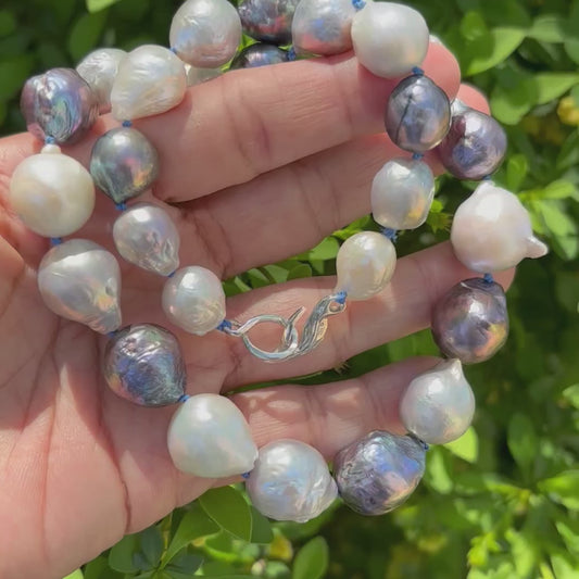Moonlit Baroque Pearl Necklace with Flow clasp in Sterling Silver