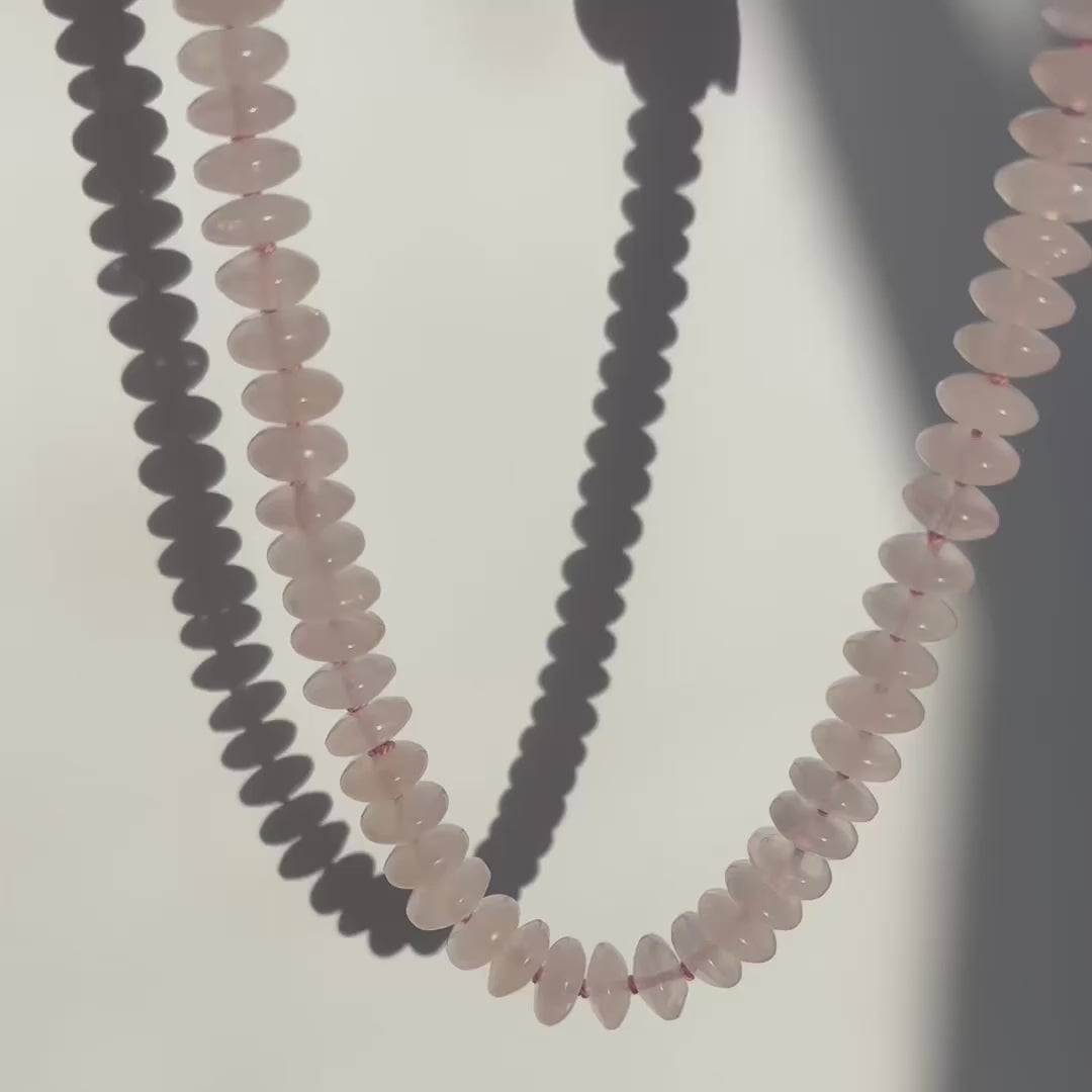 Blush Rose Quartz Rondelle Bead necklace with Flow clasp in Sterling Silver video
