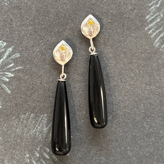 Illuminated Origin, Yellow Sapphire and Black Onyx Drop Earrings in Sterling Silver