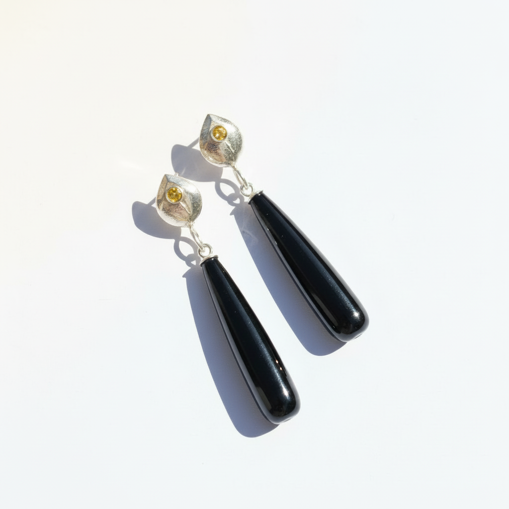 Illuminated Origin, Yellow Sapphire and Black Onyx Drop Earrings in Sterling Silver