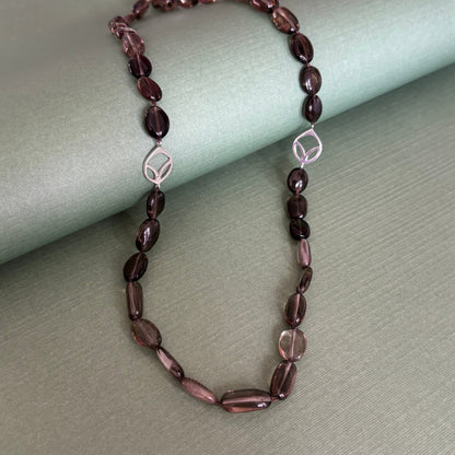 Smoky Quartz Oval Bead Necklace with Frame Links in Sterling Silver