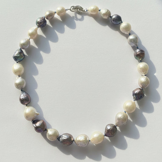 Moonlit Baroque Pearl Necklace with Flow clasp in Sterling Silver