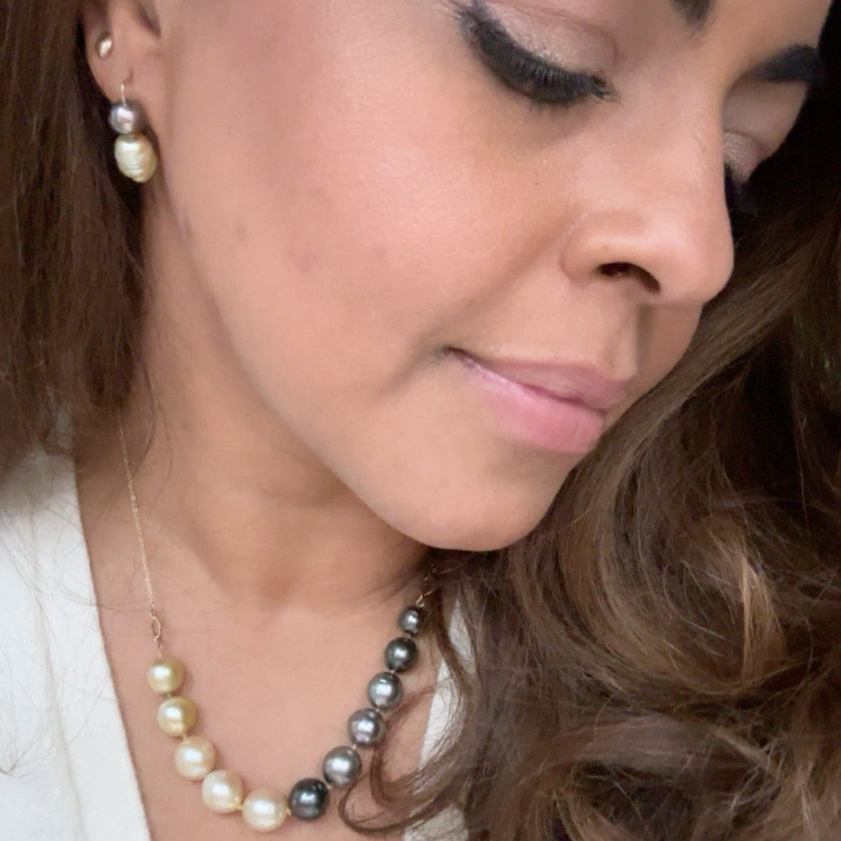 Baroque Golden South Sea & Tahitian Pearls earring hooks in Gold on model  | ANAVIR