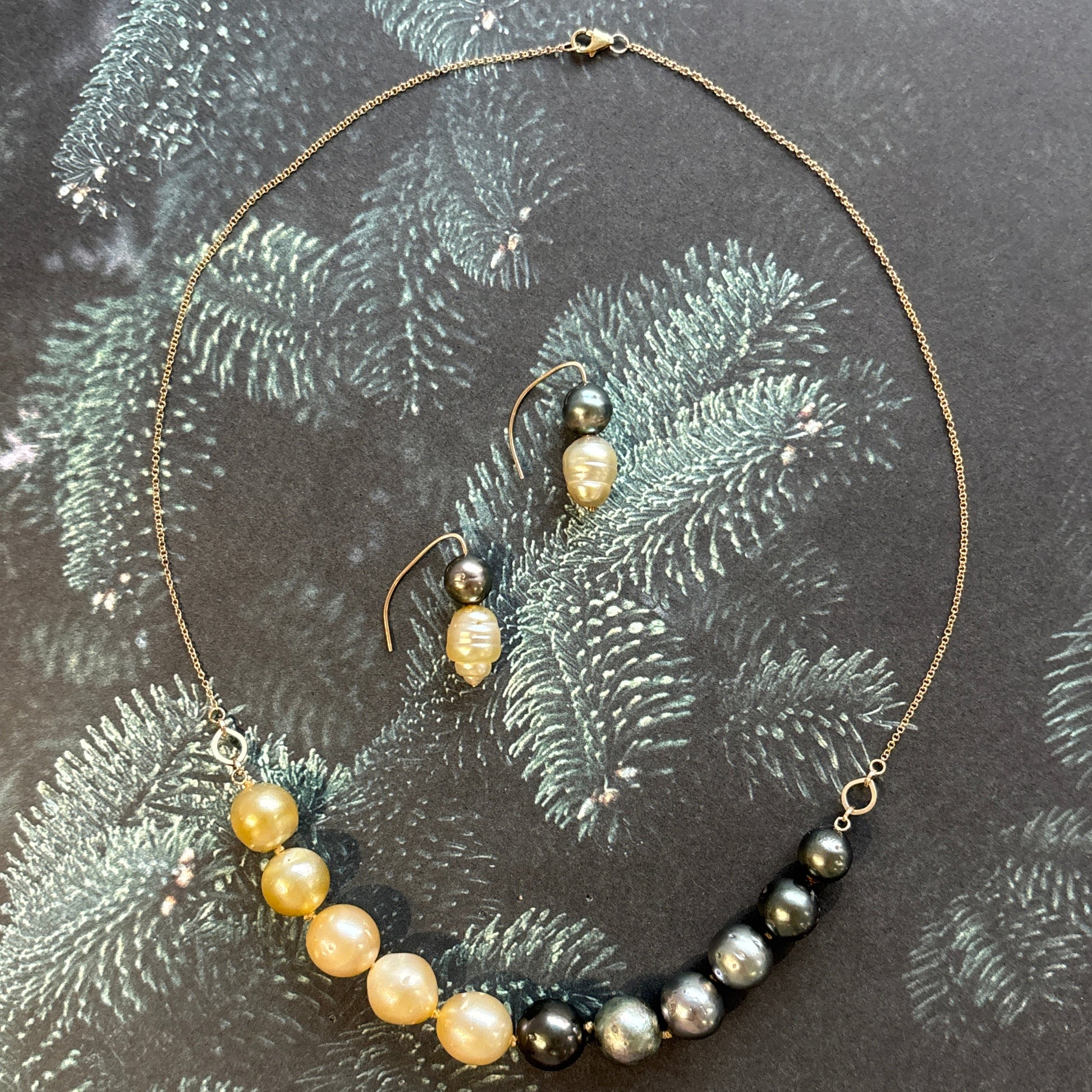 Baroque Golden South Sea & Tahitian Pearls earring hooks and necklace in Gold | ANAVIR