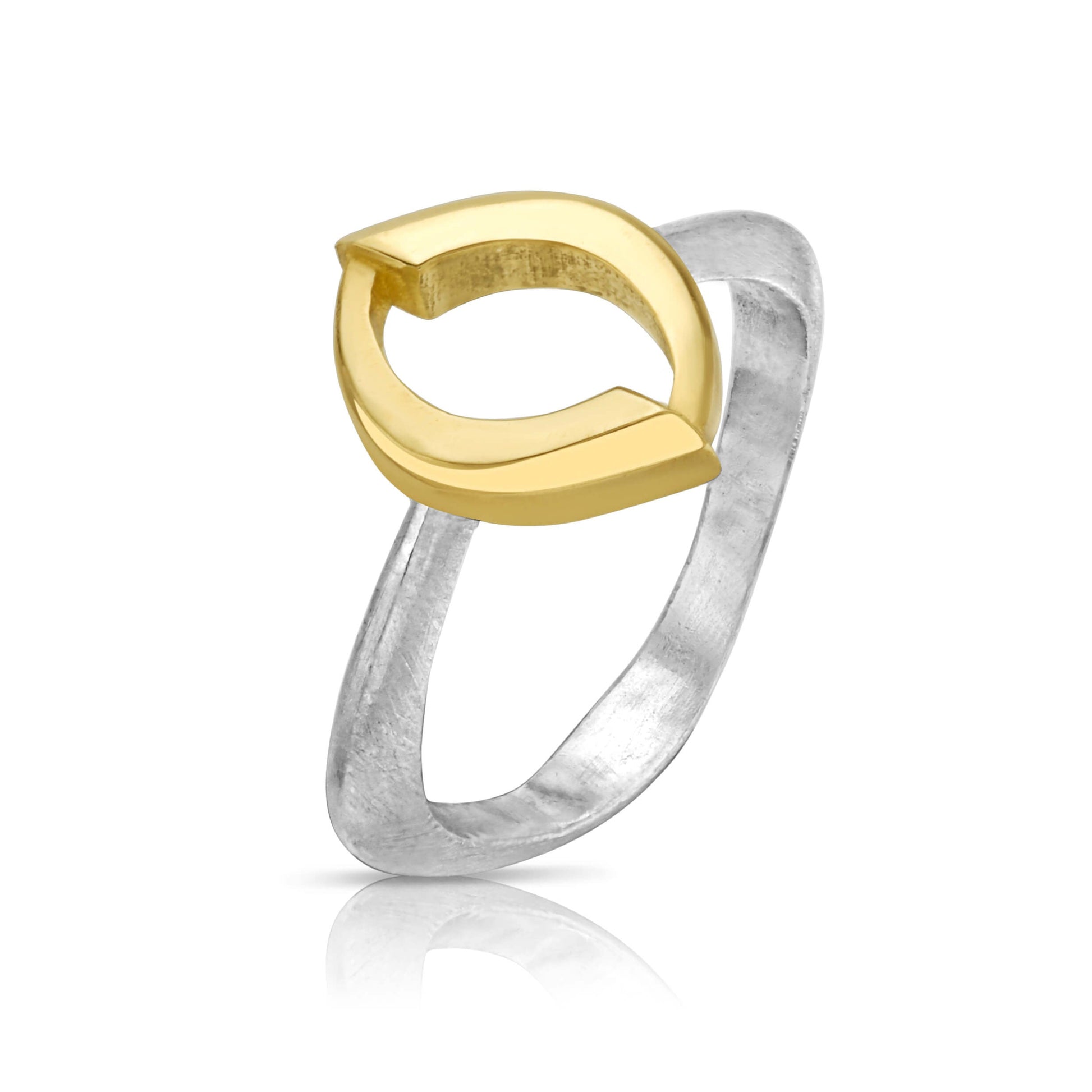 A yellow gold and silver ring with a convex shape, featuring a mixed metal design.