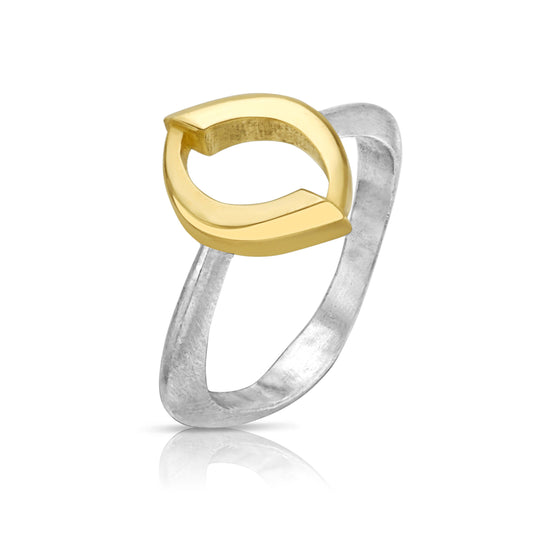 A yellow gold and silver ring with a convex shape, featuring a mixed metal design.