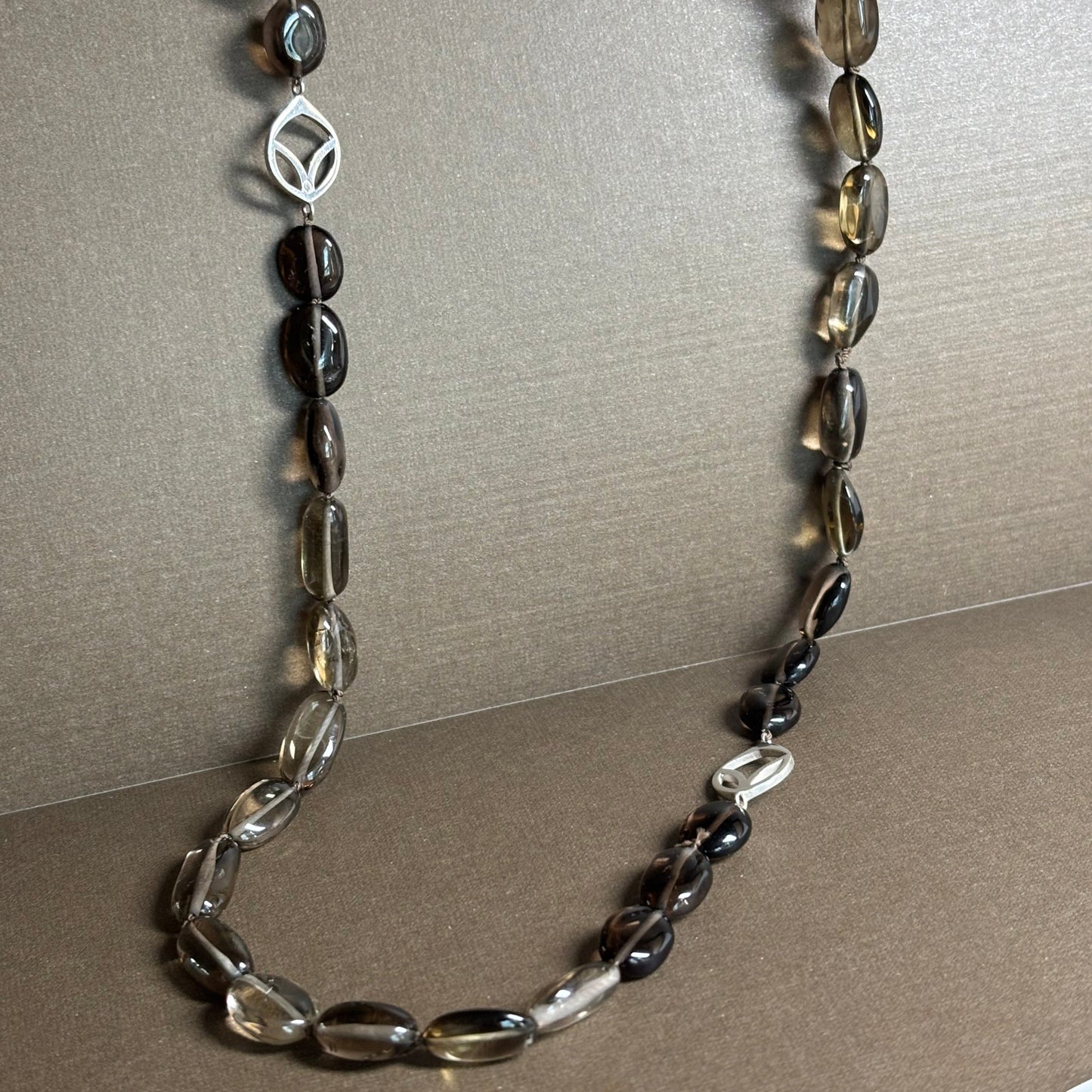 Smoky Quartz Oval Bead Necklace with Frame Links in Sterling Silver