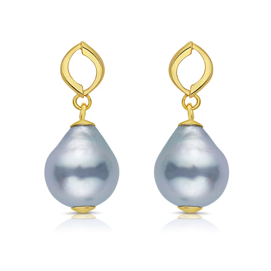 Petite Aksi Silver Tahitian South Sea Baroque Pearl Drop Earrings in Gold