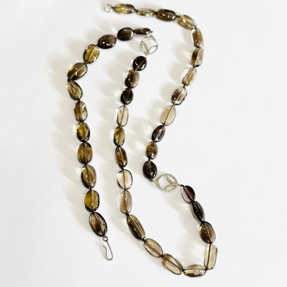 Smoky Quartz Oval Bead Necklace with Frame Links in Sterling Silver