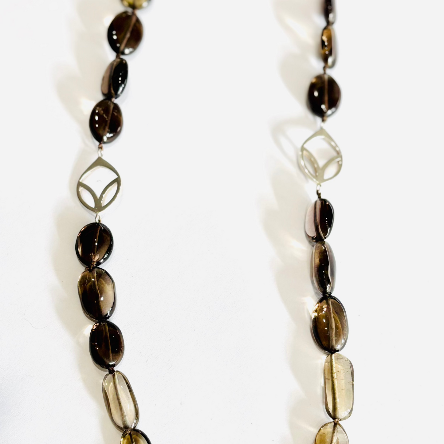 Smoky Quartz Oval Bead Necklace with Frame Links in Sterling Silver