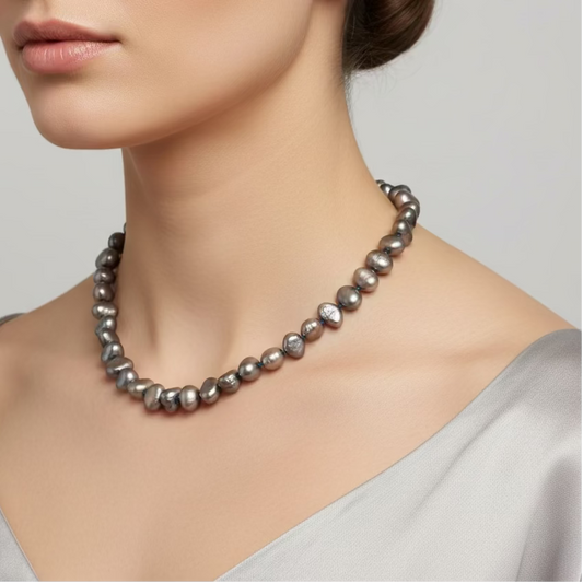 Grey Fresh Water Pearl Necklace with Flow clasp in Sterling Silver