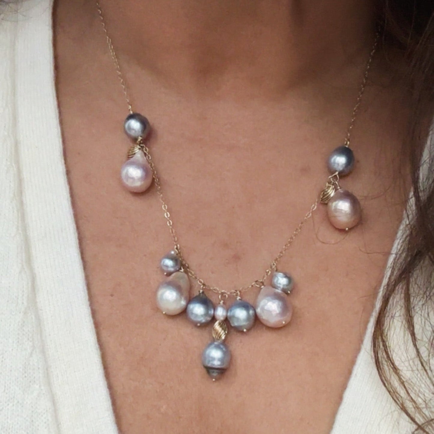 Tahitian, Akoya & Freshwater Pearl Necklace in Gold on model