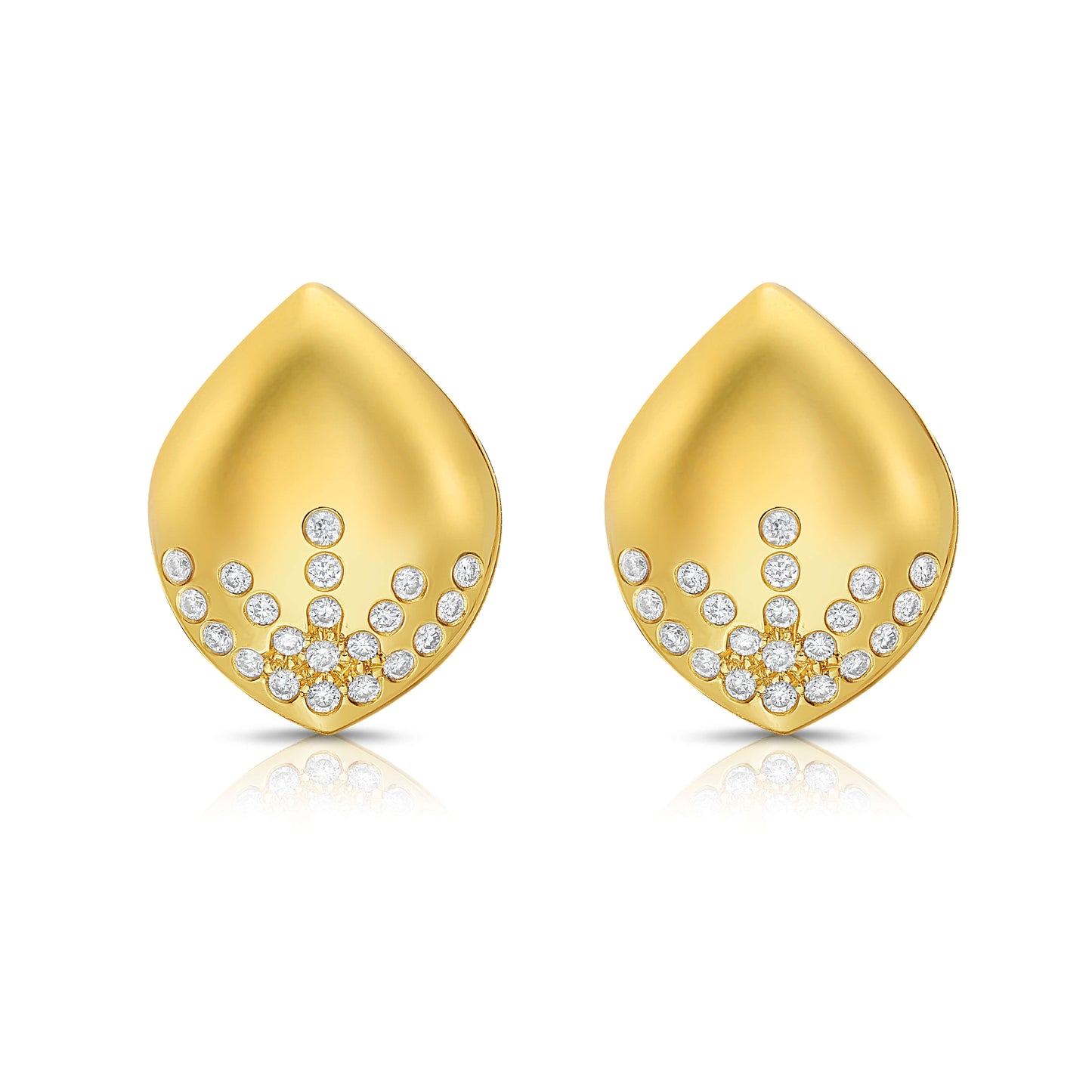 Gold earrings with diamond accents on a white background