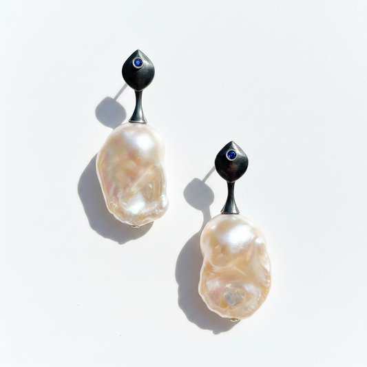 Awakened Visionary Earrings, Blue Sapphire and Baroque Pearl