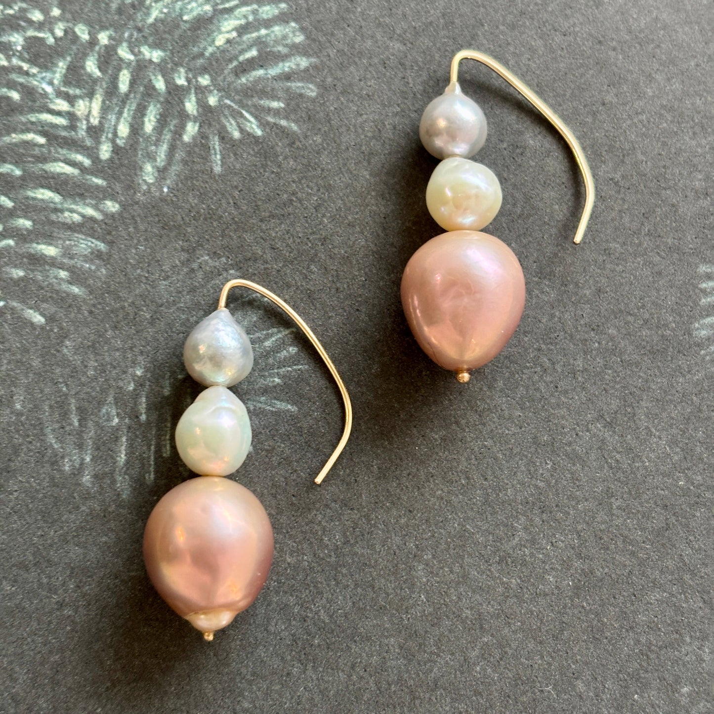 Vena Trio Baroque Earrings with ear wires, Akoya and Fresh Water Pearls in Gold | ANAVIR