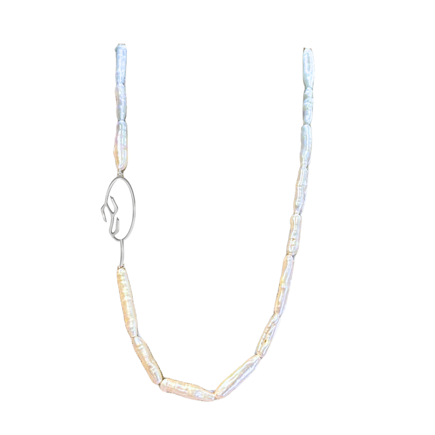 Linear Pearl Necklace with Oval Branch Clasp in Sterling Silver