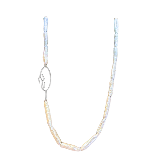 Linear Pearl Necklace with Oval Branch Clasp in Sterling Silver